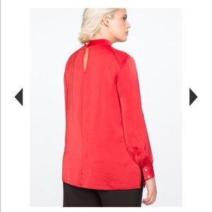 Gathered Mock Neck Blouse with Pearl Button Cuff